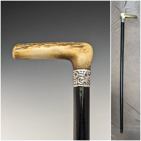 1894 British Antique Men's Cane Sterling Silver Decorated Antler Handle Black Shaft 84cm